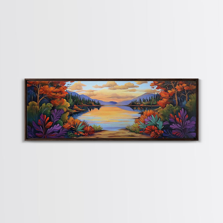 Autumn Lake Reflection, Tranquil Nature Painting, Fall Forest Sunset, Framed Canvas Print, Cozy Living Room or Cabin Wall Decor