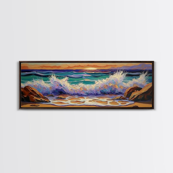Crashing Waves Sunset, Seaside Landscape Art, Modern Beach Wall Decor, Living Room Accent, Framed Canvas Print, Coastal Vibes