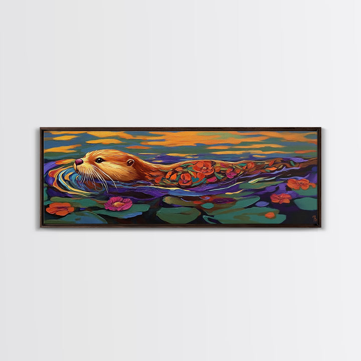 Whimsical Otter, Floral Animal, Playful River, Canvas Print, cute otter painting, animal nursery decor, boho animal print