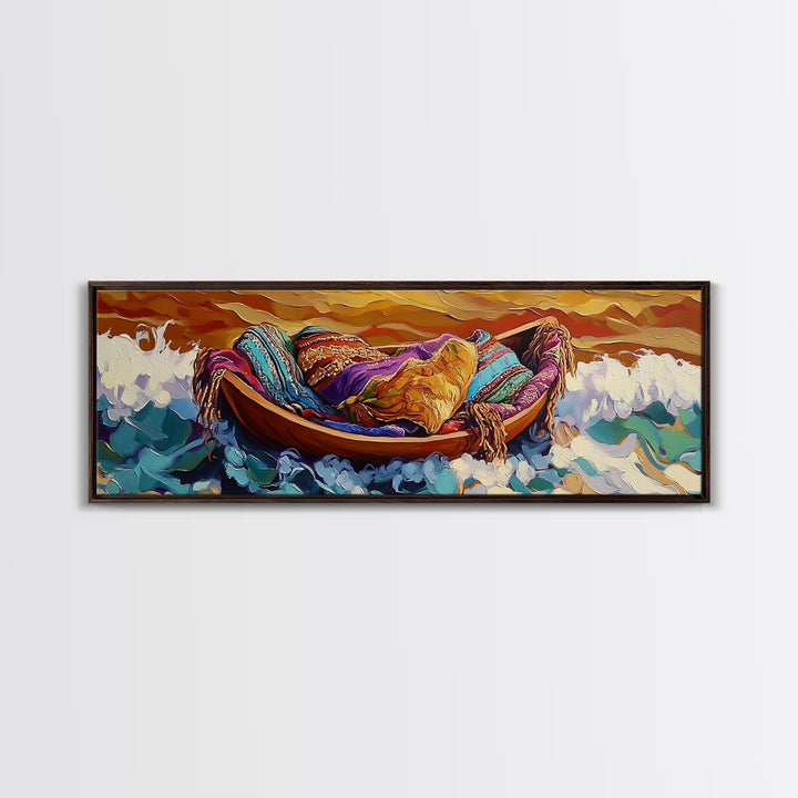 Cozy Boat, Colorful Blankets, Ocean Sunset, Serene Waves, Framed Canvas Print, Bohemian Bedroom Art, Nautical Style, Relaxation Vibe