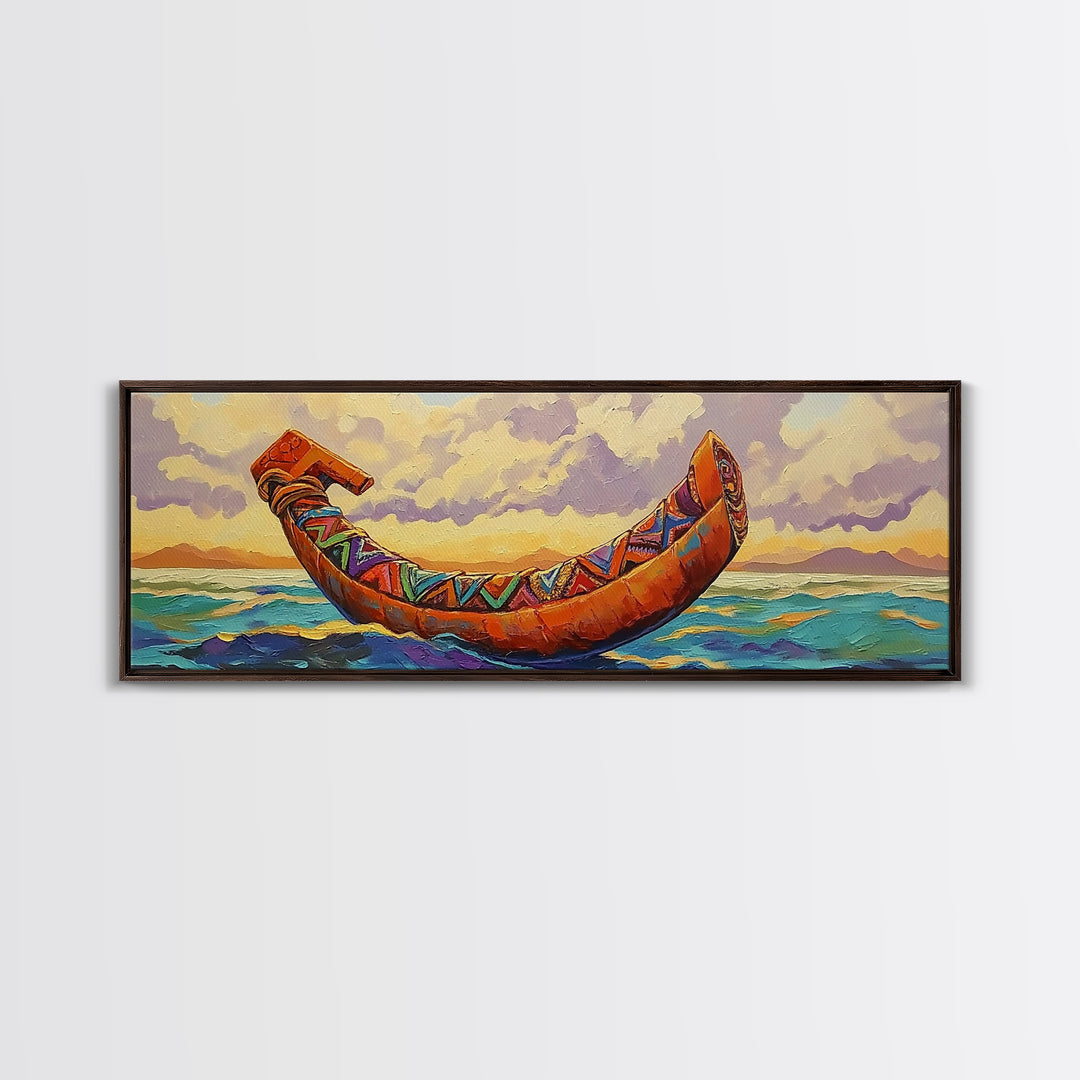 Tribal Canoe, Ocean Spirit, Ethnic Decor, Sunset Waterscape, Framed Canvas Print, Rustic Coastal Art, Living Room Adventure Decor
