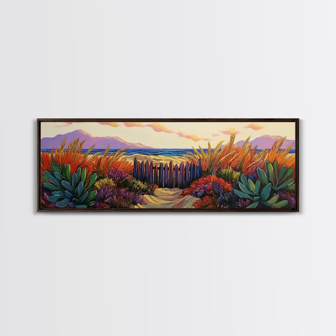 Beach Fence, Sunset Shore, Autumn Grass, Serene Dunes, Framed Canvas Print, Boho Coastal Art, Bedroom Tranquil Wall Decor