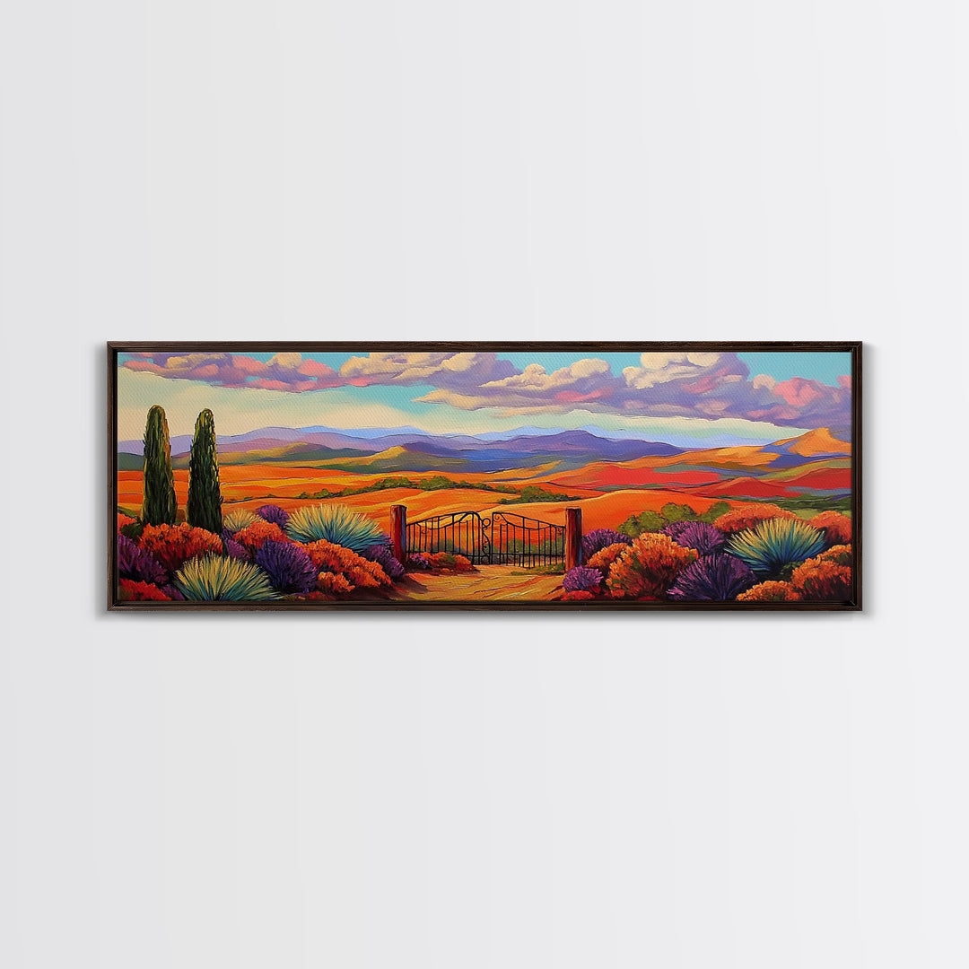 Mountain Sunset View, Western Hillside, Country Valley Gate, Framed Canvas Print, Fall Landscape Art, Rustic Farmhouse Decor