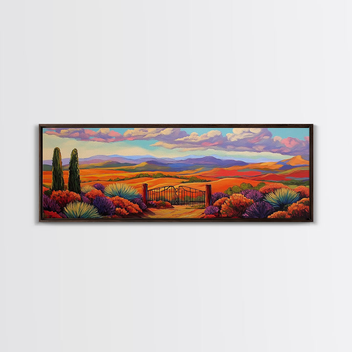 Mountain Sunset View, Western Hillside, Country Valley Gate, Framed Canvas Print, Fall Landscape Art, Rustic Farmhouse Decor