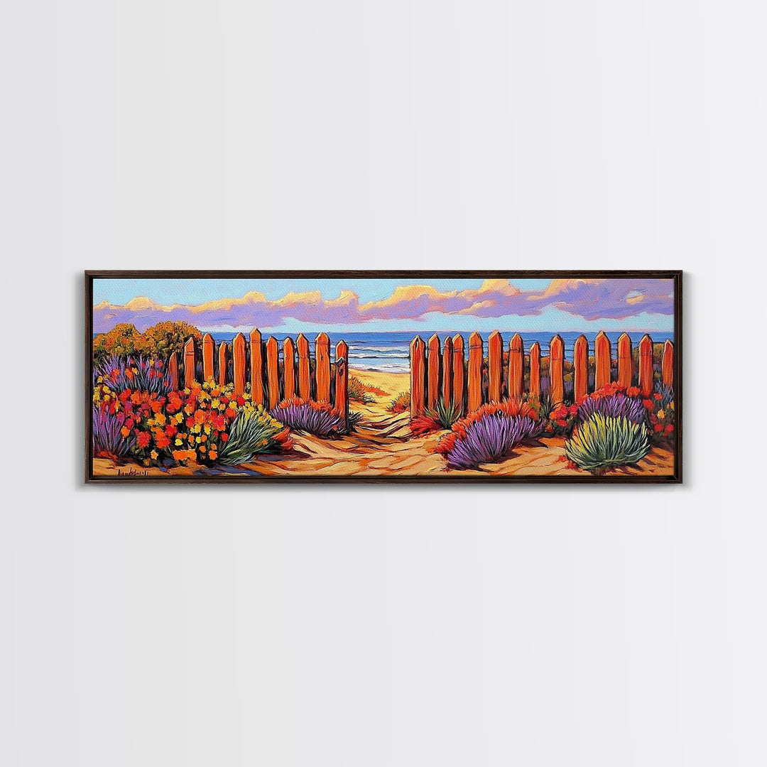 Beach Fence Trail, Ocean Coastal View, Sandy Pathway, Framed Canvas Print, Vibrant Seaside Art, Bathroom or Entryway Decor