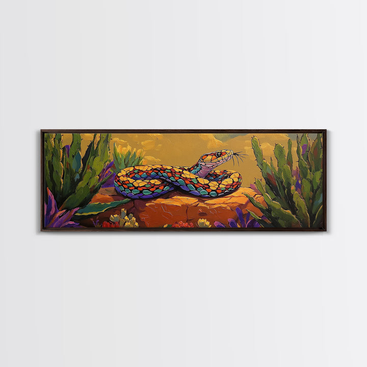 Desert Snake Scene, Vibrant Reptile Art, Cactus Wildlife, Framed Canvas Print, Bold Southwest Wall Decor, Nature Inspired Room