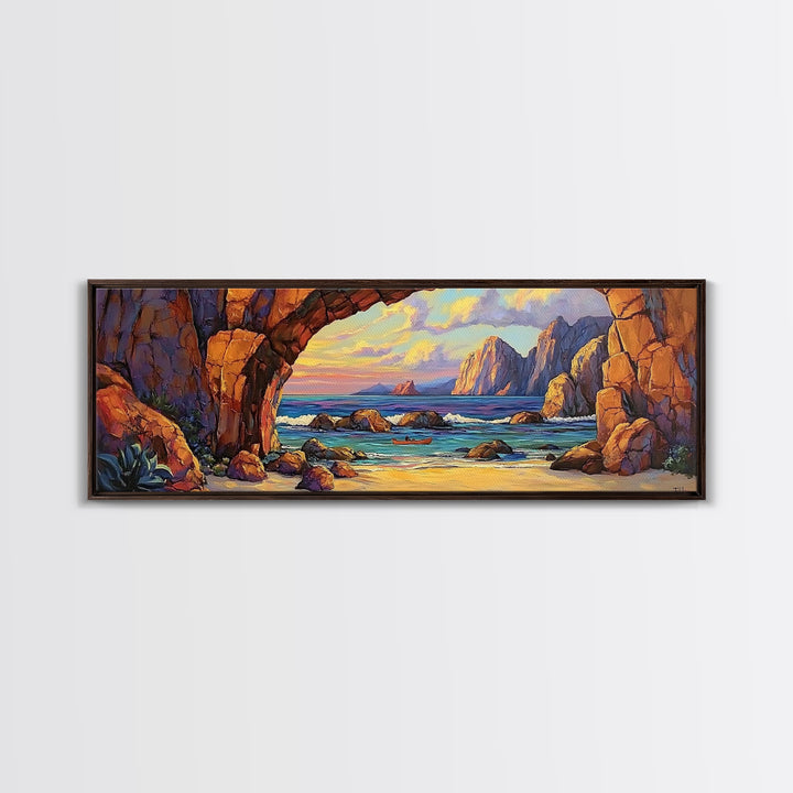 Coastal Archway View, Rocky Beach Sunset, Ocean Serenity, Framed Canvas Print, Nautical Living Room Art, Seaside Escape Scene