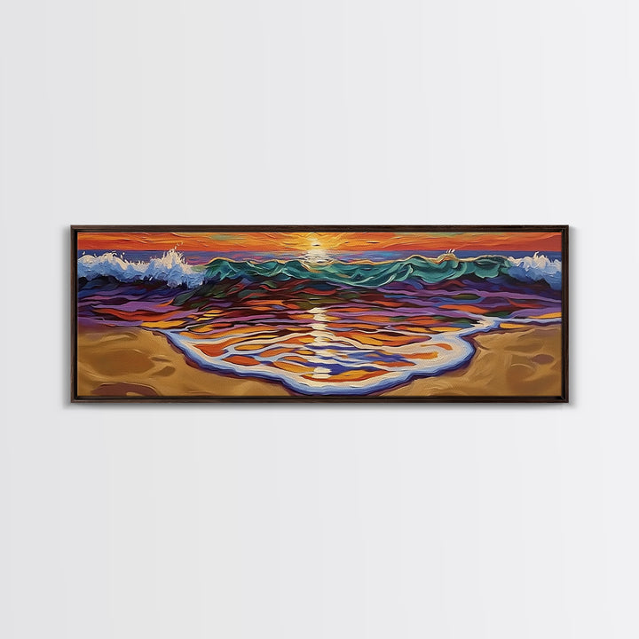 Ocean Sunset Glow, Colorful Wave Reflection, Coastal Abstract, Framed Canvas Print, Beach House Wall Art, Modern Seascape Painting
