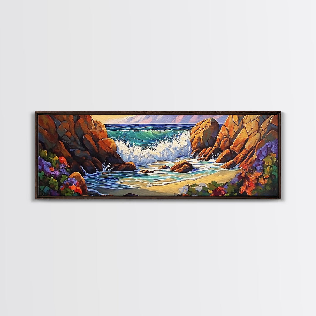 Rocky Shore Break, Ocean Cliff Scene, Seaside Escape, Framed Canvas Print, Coastal Bathroom Wall Art, Nautical Beach Decor