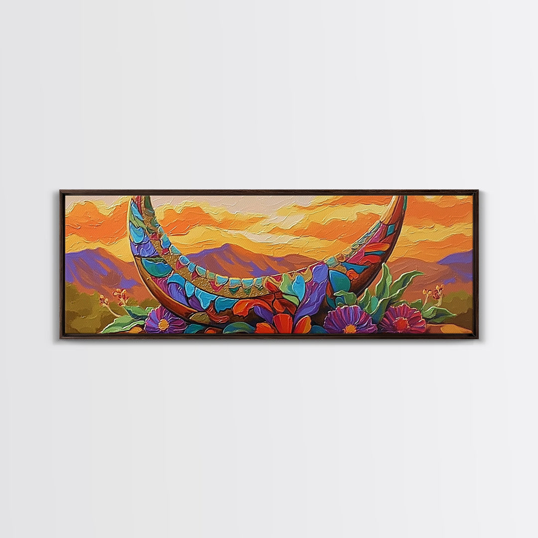 Crescent Moon, Floral Sunset, Western Vibes, Framed Canvas Print, Desert Boho Wall Art, Living Room Decor, Whimsical Southwestern Art