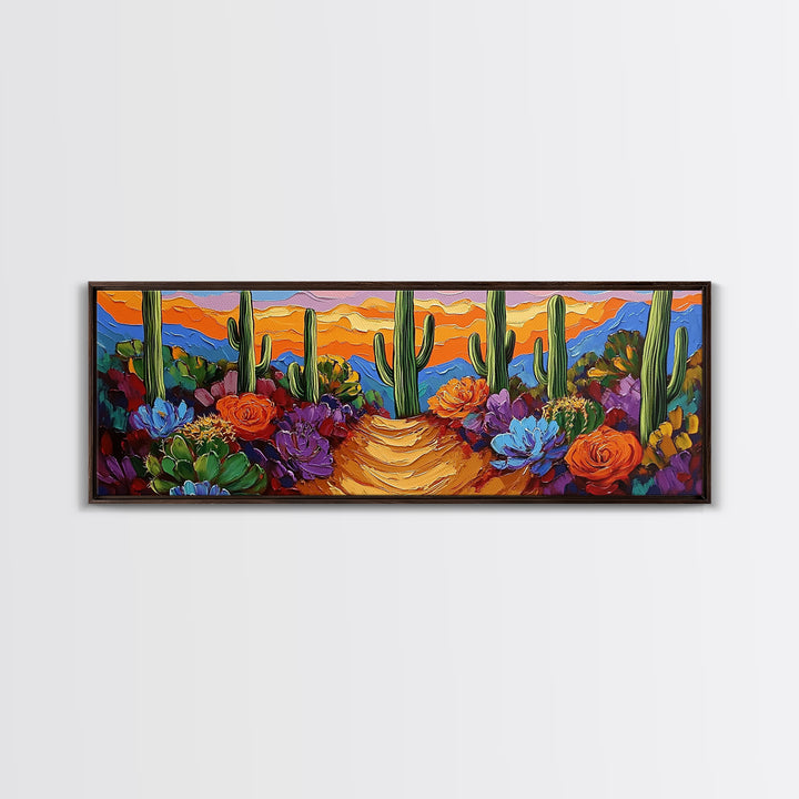 Cactus Garden Sunset, Desert Wall Art, Succulent Landscape, Framed Canvas Print, Boho Living Room Decor, Vibrant Western Style