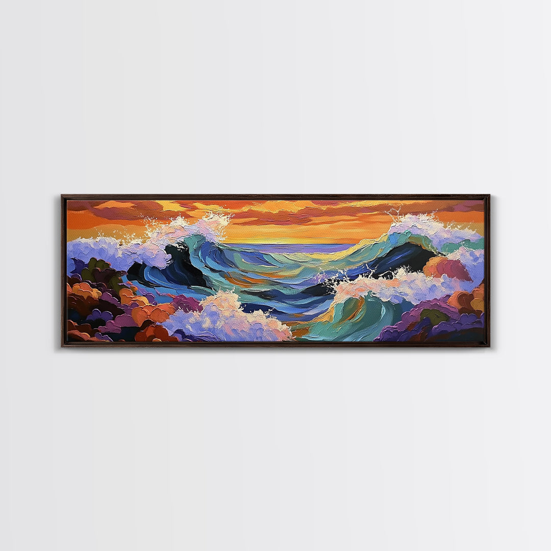 Breaking Waves Seascape, Ocean Wall Art, Sunset Coastal View, Framed Canvas Print, Nautical Living Room Decor, Beach Style