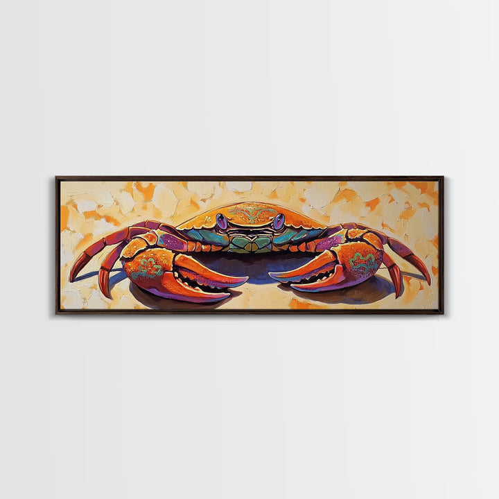 Coastal Crab Art, Beach House Decor, Nautical Vibes, Vibrant Colors Framed Canvas Print, Coastal Kitchen Wall Art, Bold Animal Painting