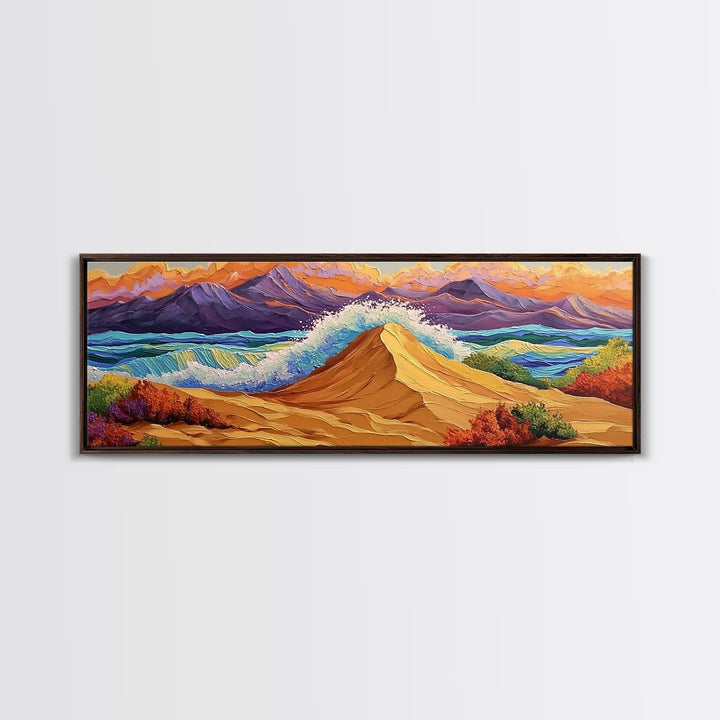Desert Dunes, Ocean Splash, Sunset Mountains, Fall Tones Framed Canvas Print, Living Room Wall Art, Southwest Colorful Art