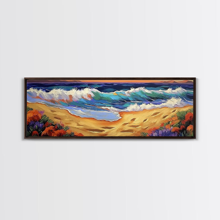 Coastal Wave Art, Beach Shore, Ocean Spray, Sunset Sea Framed Canvas Print, Living Room Wall Art, Modern Tropical Decor