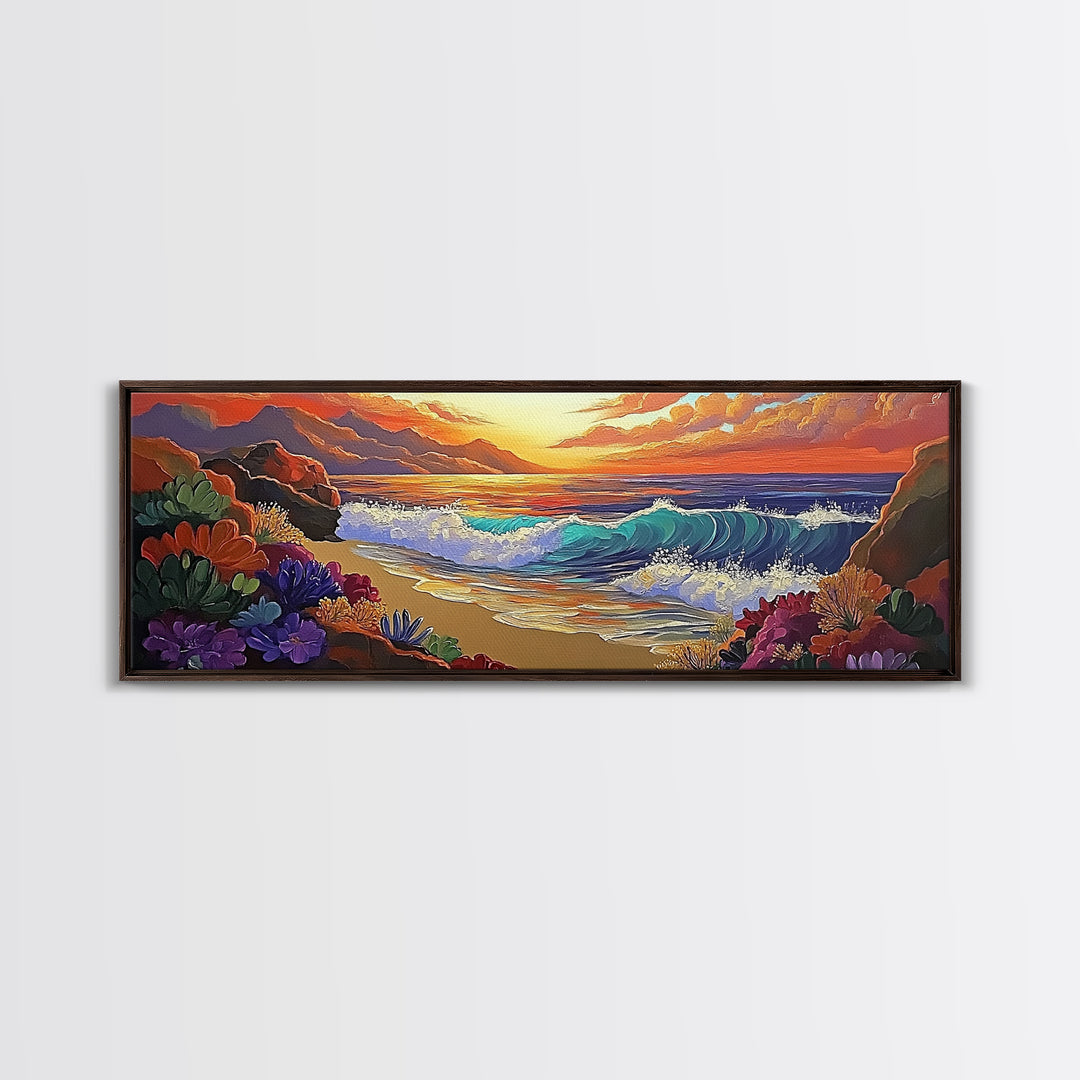 Coastal Sunset, Ocean Waves, Tropical Flowers, Vibrant Seascape, Framed Canvas Print beach wall decor, boho art, living room wall art