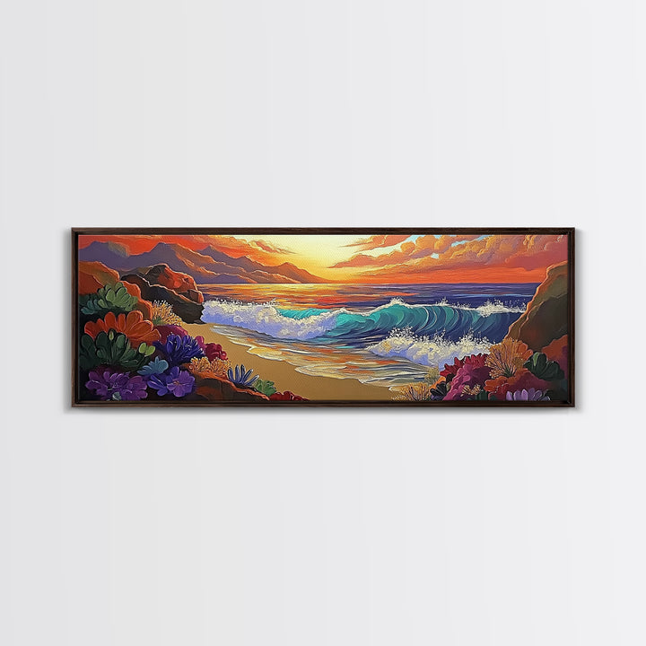 Coastal Sunset, Ocean Waves, Tropical Flowers, Vibrant Seascape, Framed Canvas Print beach wall decor, boho art, living room wall art