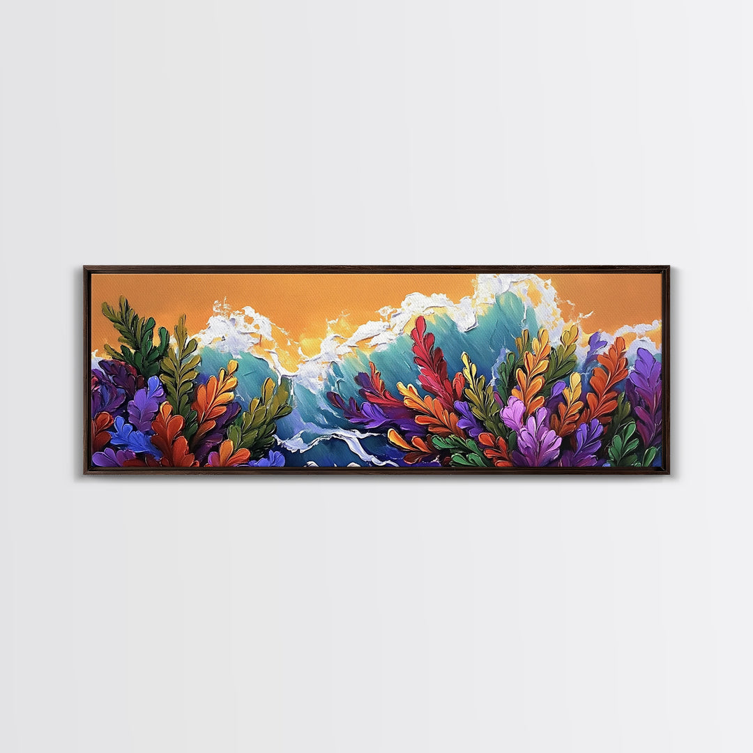 Ocean Blooms, Sunset Waves, Colorful Florals, Seaside Garden, Framed Canvas Print tropical living room wall art, coastal print
