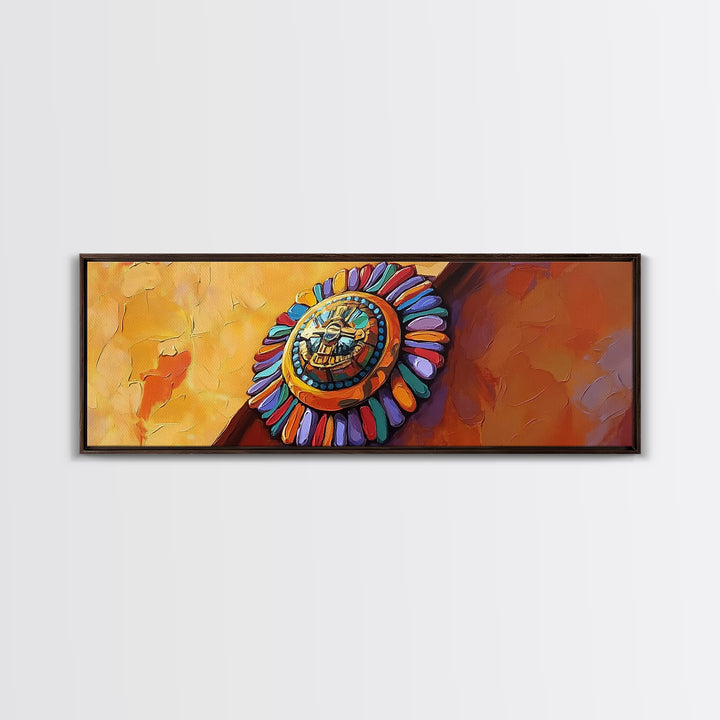 Aztec Sun Symbol, Bold Tribal Accent, Southwest Vibe Art, Native Motif Wall, Framed Canvas Print, Entryway Ethnic Boho Decor