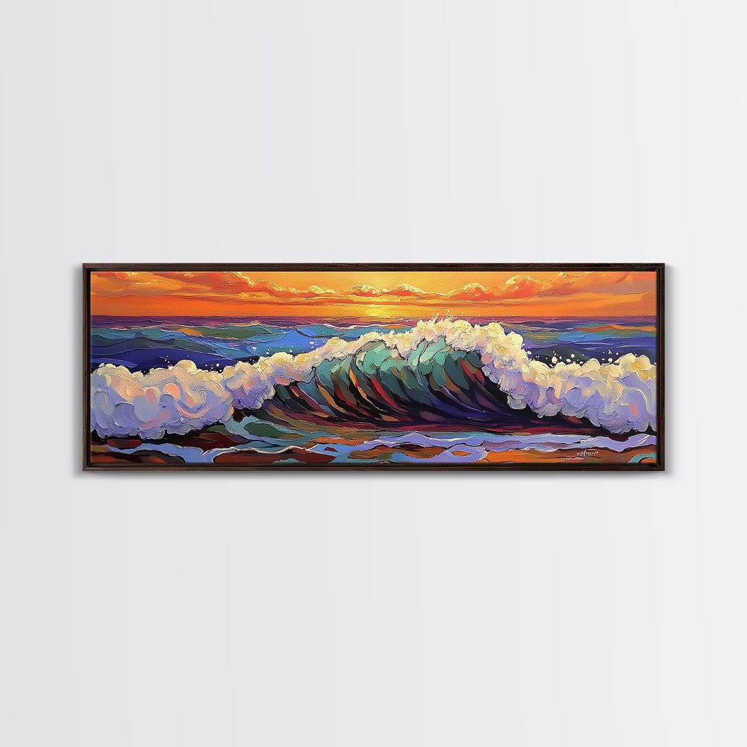Breaking Wave Art, Sunset Ocean Surf, Bold Seaside Motion, Vibrant Coastal Palette, Framed Canvas Print, Bathroom Beach Decor