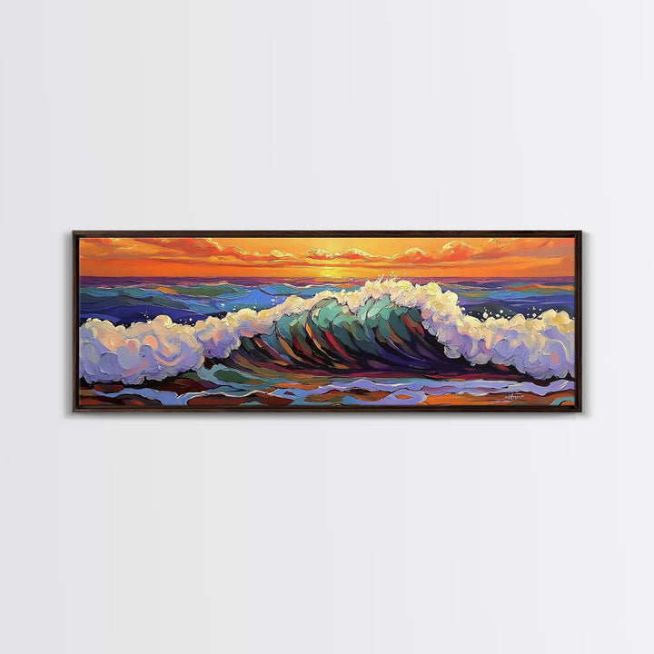 Breaking Wave Art, Sunset Ocean Surf, Bold Seaside Motion, Vibrant Coastal Palette, Framed Canvas Print, Bathroom Beach Decor