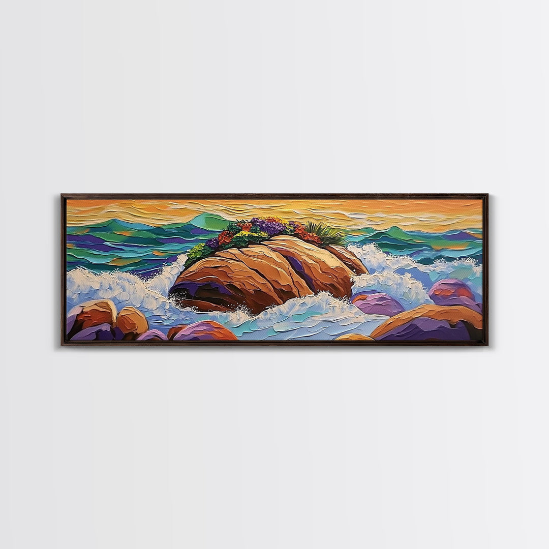 Rocky Shoreline Scene, Vibrant Sea Garden, Coastal Wave Power, Nature Texture Painting, Framed Canvas Print, Ocean Lover Wall Art
