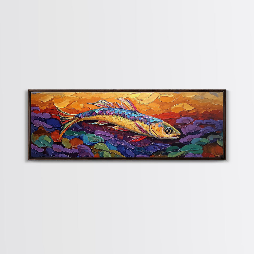 Colorful Fish Painting, Vibrant Sea Life, Abstract Ocean Creature, Marine Fantasy Style, Framed Canvas Print, Kids Room Underwater Art