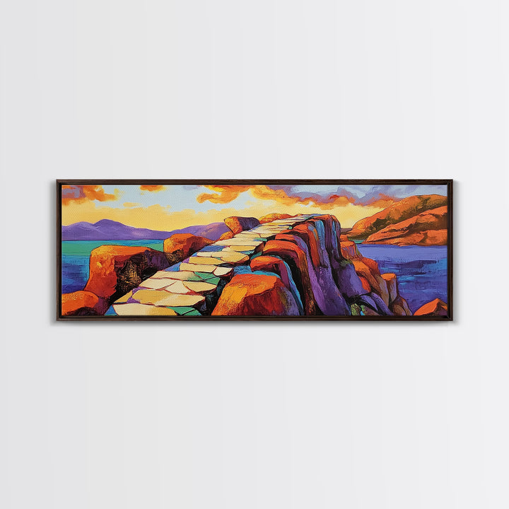 Rocky Coastal Path, Sunset Cliff Art, Vibrant Mountain Scene, Adventure Nature Decor, Framed Canvas Print, Fall Living Room Art