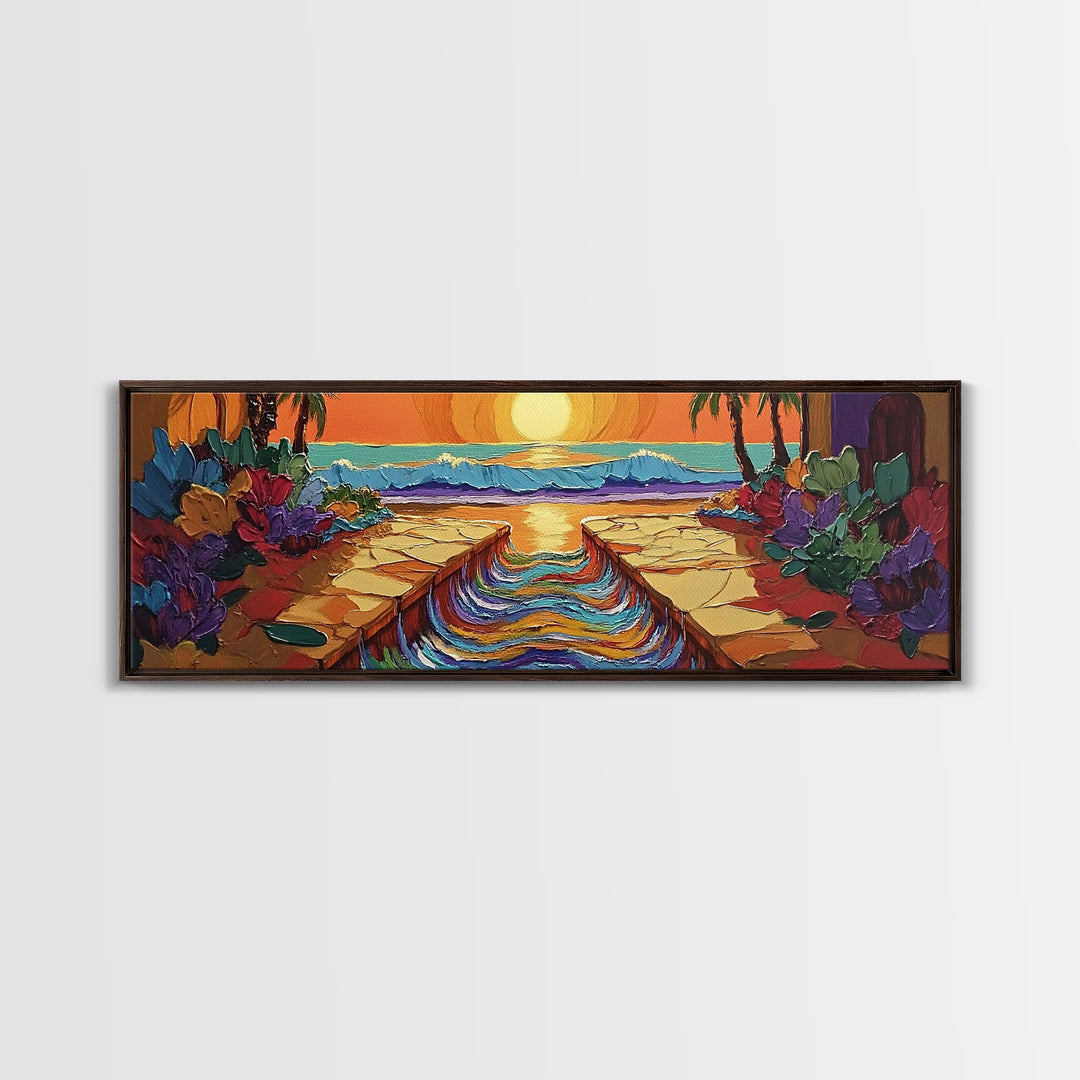 Sunset Path, Ocean View, Tropical Flowers, Canvas Print, Vibrant Beach House Wall Art, Bold Color Decor, Coastal Living Room Art