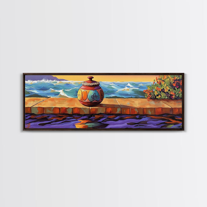 Ocean Vase Scene, Coastal Pottery Painting, Serene Sunset Dock, Beachfront Wall Style, Framed Canvas Print, Nautical Bathroom Art