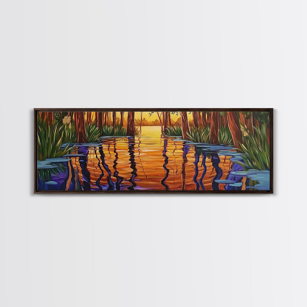 Sunset Reflection, Tranquil Forest, Swamp Scene, Cypress Trees, Framed Canvas Print, Autumn Wall Art, Rustic Decor, Nature Art