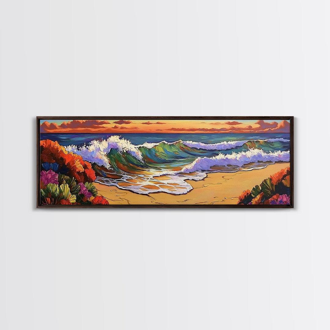 Ocean Curl, Autumn Surf, Sunset Beach, Floral Waves, Framed Canvas Print, Living Room Wall Art, Fall Coastal Painting, Bold Decor