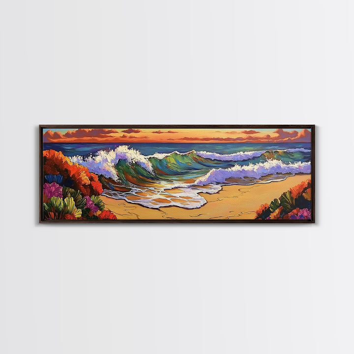 Ocean Curl, Autumn Surf, Sunset Beach, Floral Waves, Framed Canvas Print, Living Room Wall Art, Fall Coastal Painting, Bold Decor