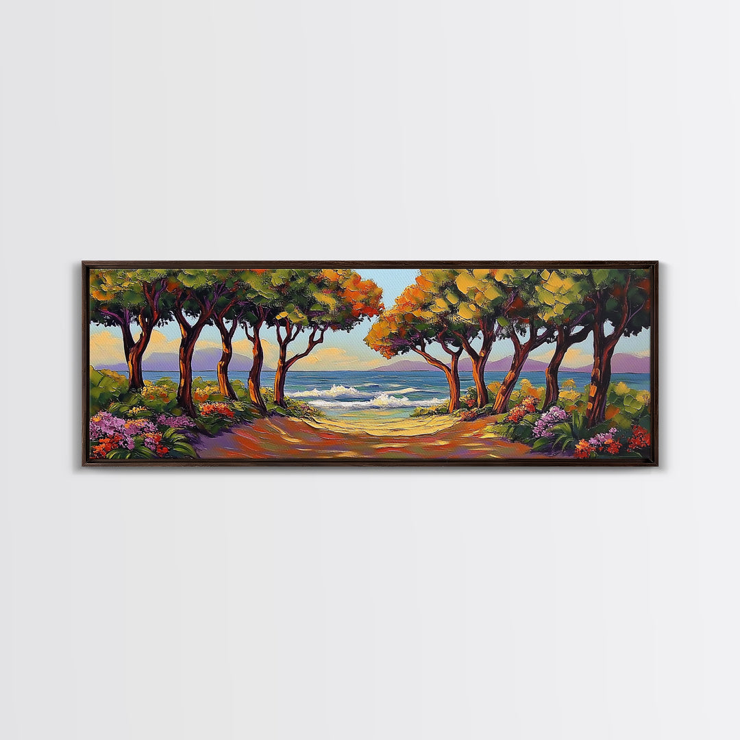 Coastal Trees, Ocean View, Beach Path, Vibrant Foliage, Framed Canvas Print, beach house decor, nature wall art, coastal living room style