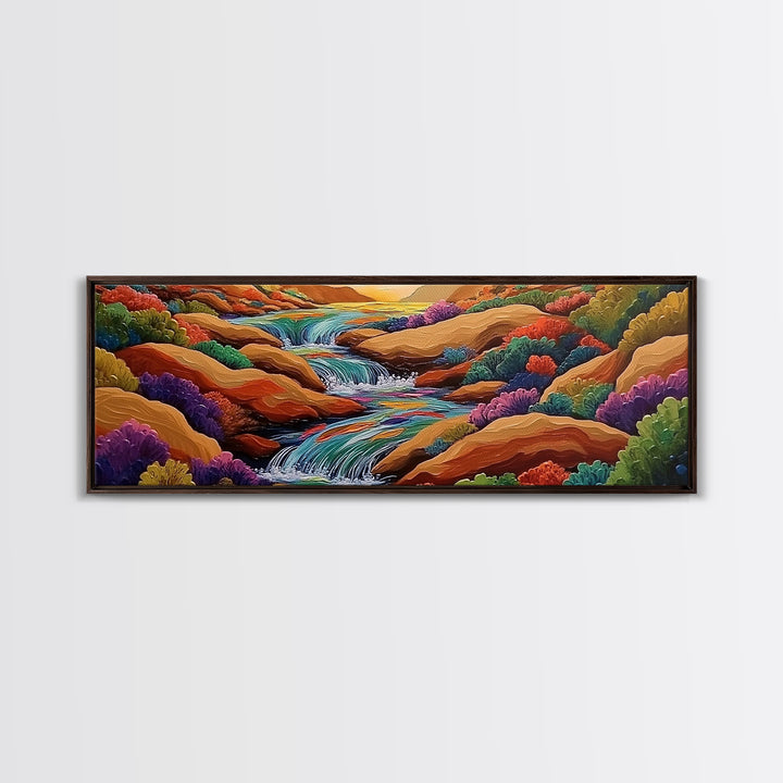 Waterfall Path, Desert Stream, Colorful Bushes, Sunset Flow, Framed Canvas Print, nature inspired art, spa room decor, zen wall style