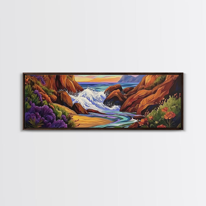 Rocky Shore, Ocean Splash, Sunset Cove, Botanical Scene, Framed Canvas Print, vibrant coastal wall art, beach bathroom decor, ocean vibe