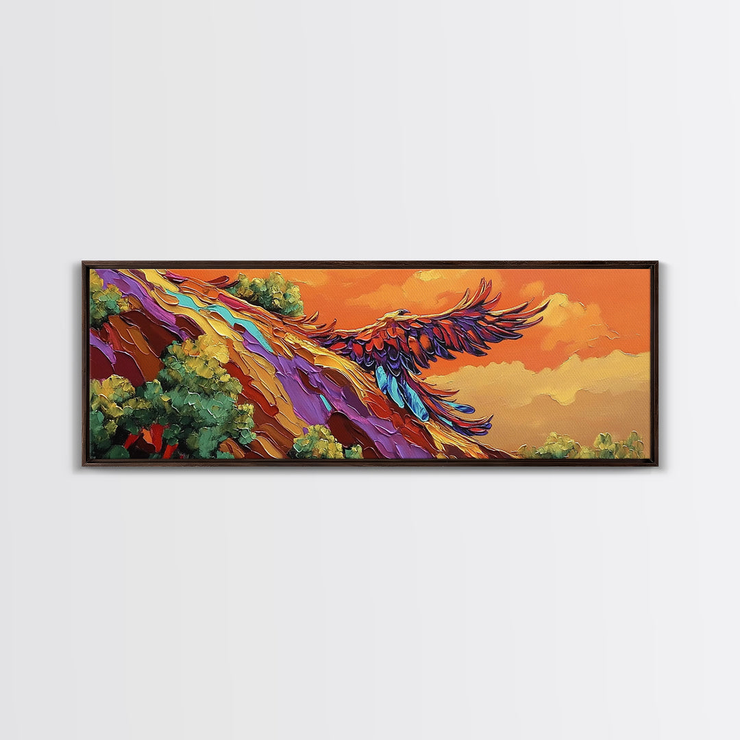 Phoenix Soar, Sunset Flight, Bold Nature, Uplifting Vibes, Framed Canvas Print, Boho Office Wall Art, Inspirational Bird Painting