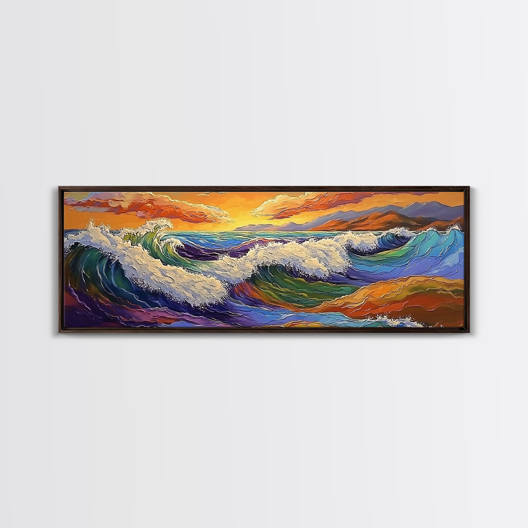 Crashing Waves, Vibrant Seascape, Ocean Energy, Coastal Sunset, Framed Canvas Print, Beach House Decor, Modern Nautical Art