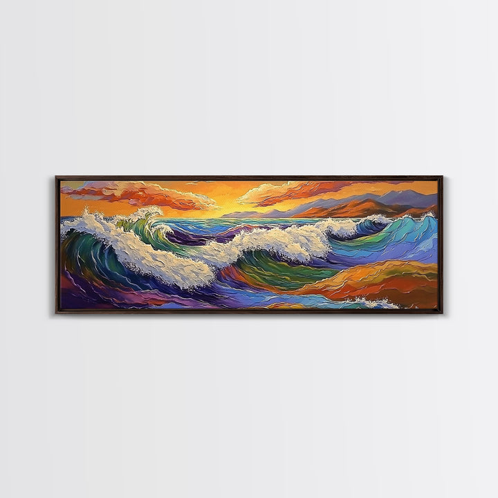 Crashing Waves, Vibrant Seascape, Ocean Energy, Coastal Sunset, Framed Canvas Print, Beach House Decor, Modern Nautical Art