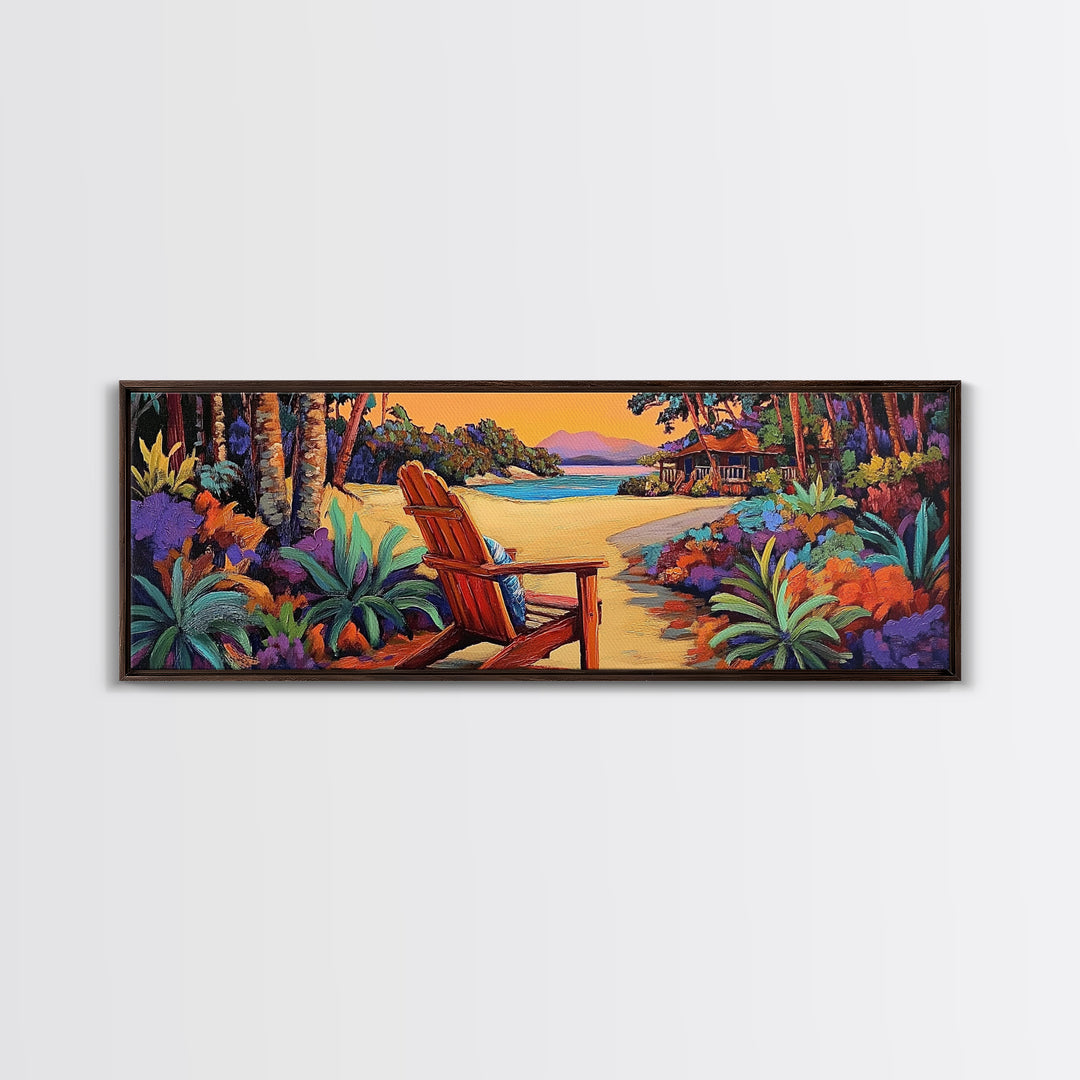 Peaceful Beach Chair, Vibrant Sunset Retreat, Tropical Escape Wall Art, Framed Canvas Print, Vacation Home Decor, Boho Island Artwork