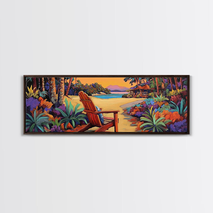 Peaceful Beach Chair, Vibrant Sunset Retreat, Tropical Escape Wall Art, Framed Canvas Print, Vacation Home Decor, Boho Island Artwork