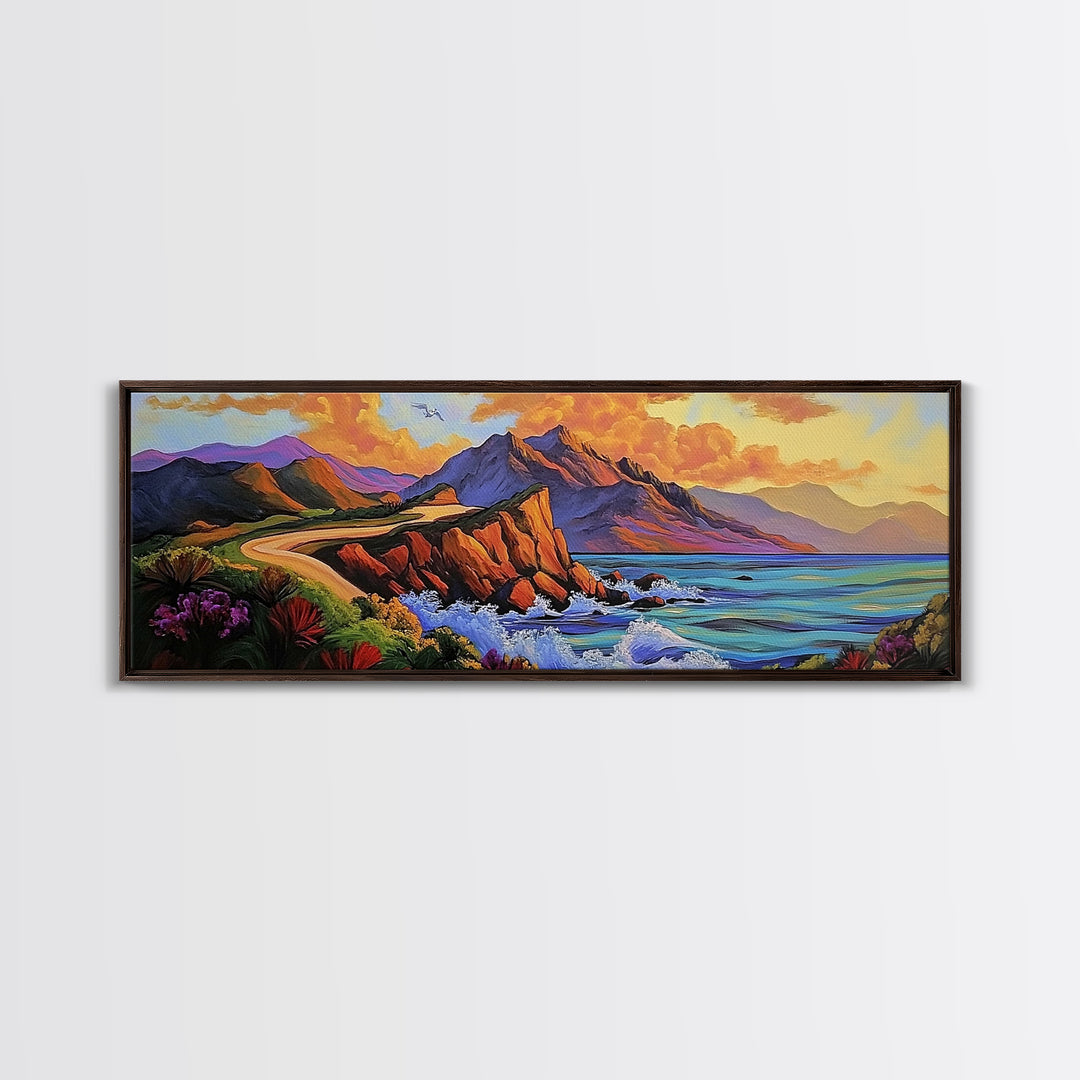 Cliffside Drive, Sunset Coast, Dramatic Ocean Scene, Framed Canvas Print, Coastal Wall Art, Office Accent Art, Bold Color Landscape