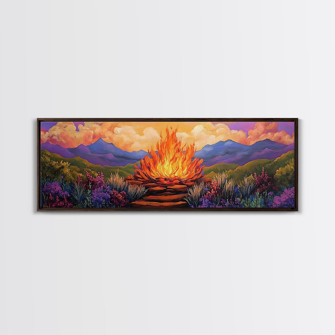 Dramatic Bonfire Night, Vibrant Flame in Hills, Scenic Nature Wall Art, Framed Canvas Print, Fall Lodge Decor, Rustic Landscape Artwork
