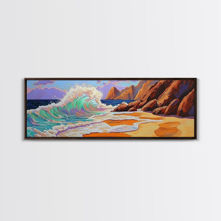 Crashing Wave, Coastal Shore, Sunset Beach, Framed Canvas Print, Ocean Wall Art, Beach Decor, Vibrant Surf Painting, Bathroom Art