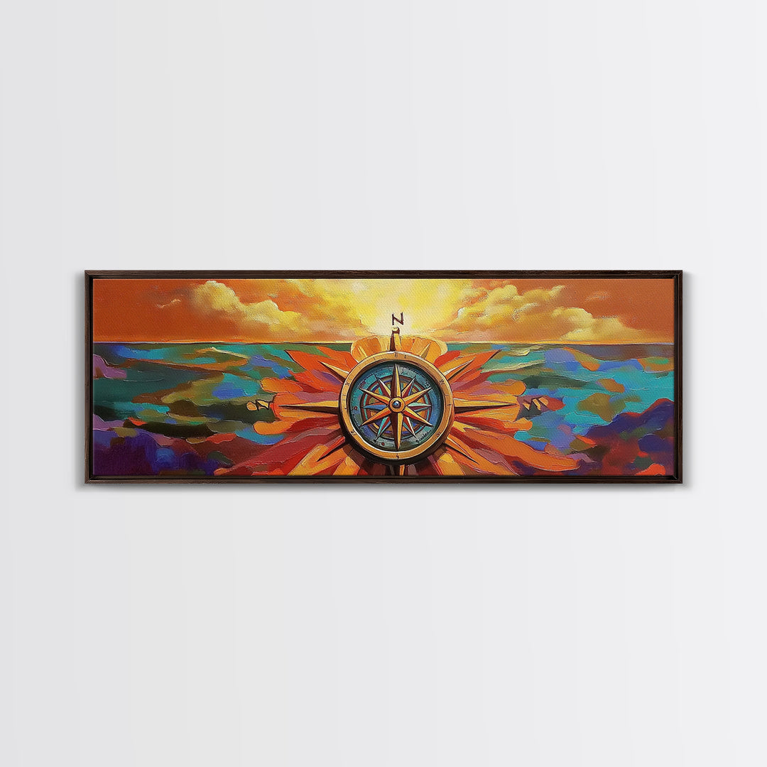 Compass Rose, Nautical Decor, Seafaring Art, Sunset Ocean, Framed Canvas Print, Beach House Art, Office Wall Art, Boho Travel Art