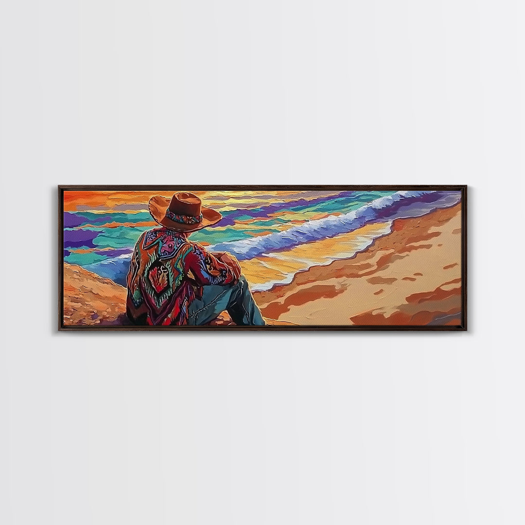 Coastal Cowboy, Ocean View, Serene Sunset, Western Art, Canvas Print, Living Room Wall Art, Southwestern Vibes, Beach Cowboy Scene