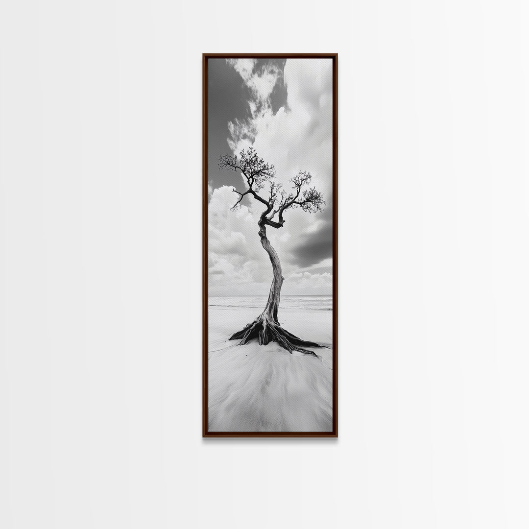 Solitary Tree, Beach Art, Surreal Landscape, Moody Wall Decor, Framed Canvas Print, Meditation Room Art, Monochrome Nature Style