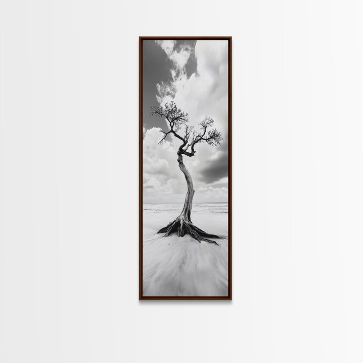 Solitary Tree, Beach Art, Surreal Landscape, Moody Wall Decor, Framed Canvas Print, Meditation Room Art, Monochrome Nature Style