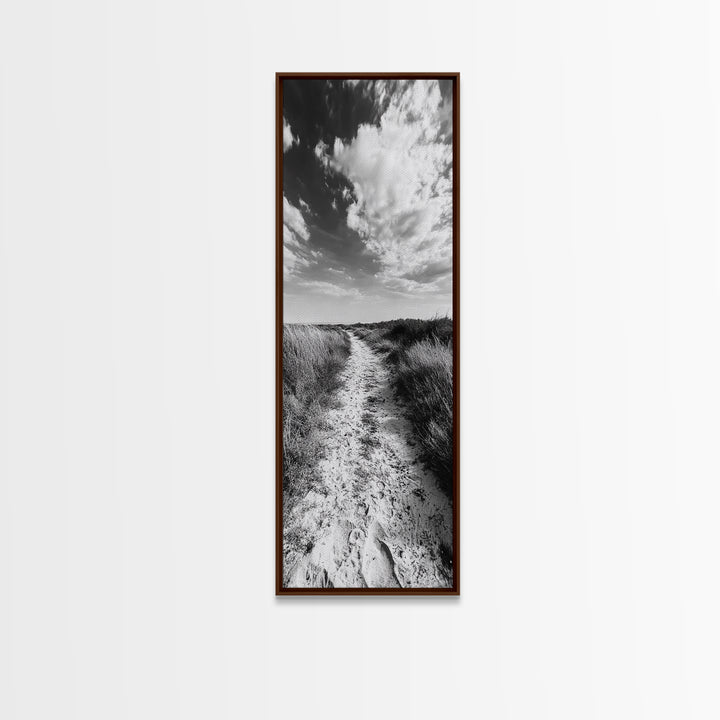 Sandy Trail, Beach Path, Cloudy Sky, Coastal Living, Framed Canvas Print, Relaxed Nature Vibe, Hallway Wall Art, Minimal Decor