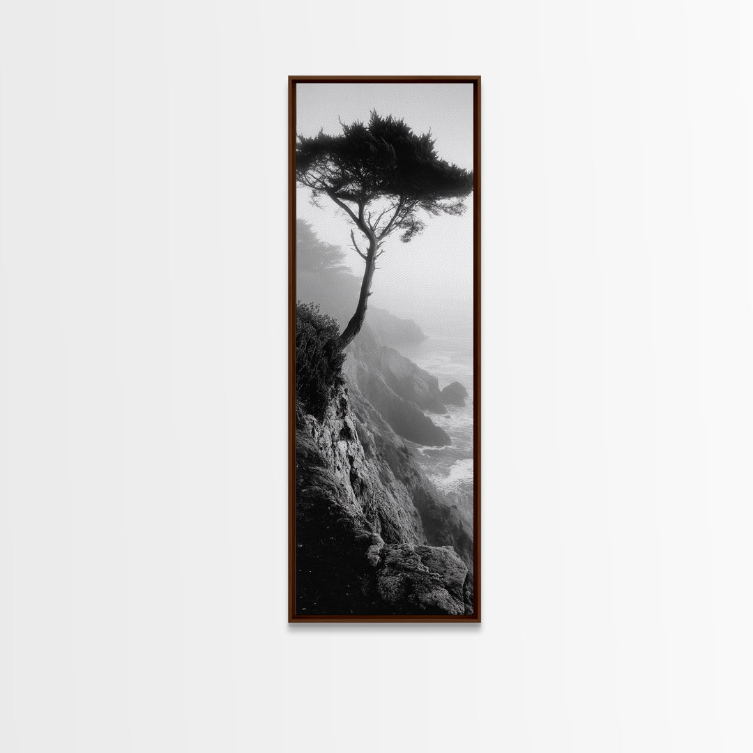 Coastal Tree, Cliff View, Ocean Mist, Moody Landscape, Canvas Print, Serene Bedroom Art, Monochrome Nature Photography Style